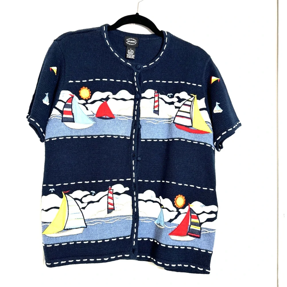 VTG Designers Studio Originals S/S Navy Blue Sweater Nautical Theme Sailboats S